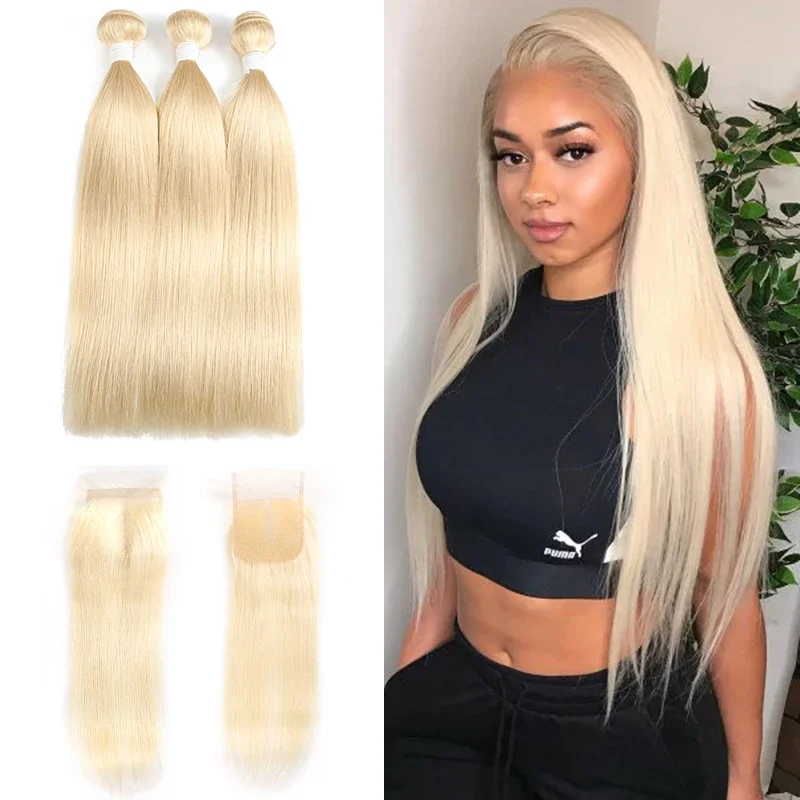 SOKU 613 Blonde Menselijk Haar Bundels Met Sluiting Braziliaanse Straight Menselijk Haar Weave Bundels Met Vetersluiting Remy Haar Bundels