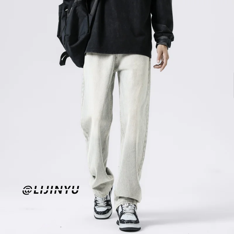 

American High Street Straight Leg Jeans Men's Spring Autumn Loose Wide Leg Casual Trousers Trendy Youth Wear mid Waist Zipper