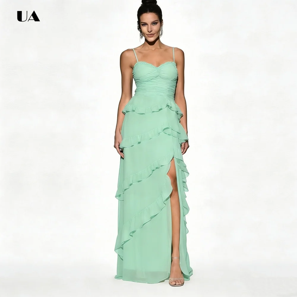 

Simple Tiered Ruffled Column Prom Dress Chiffon Slit Customized Evening Dresses for Women Solid Party Gown with Sweetheart Neck