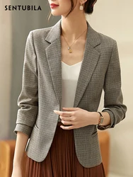 SENTUBILA Professional Plaid Blazers for Women Work Business Single Button Long Sleeve Notched Slim Short Spring Blazer Jackets