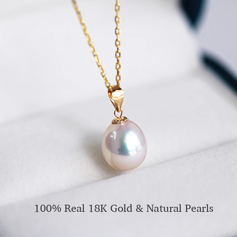 YUNLI Real 18K Yellow Gold Necklace Pendant Water Drop Natural Freshwater Pearl Pure AU750 Fine Jewelry for Women PE020