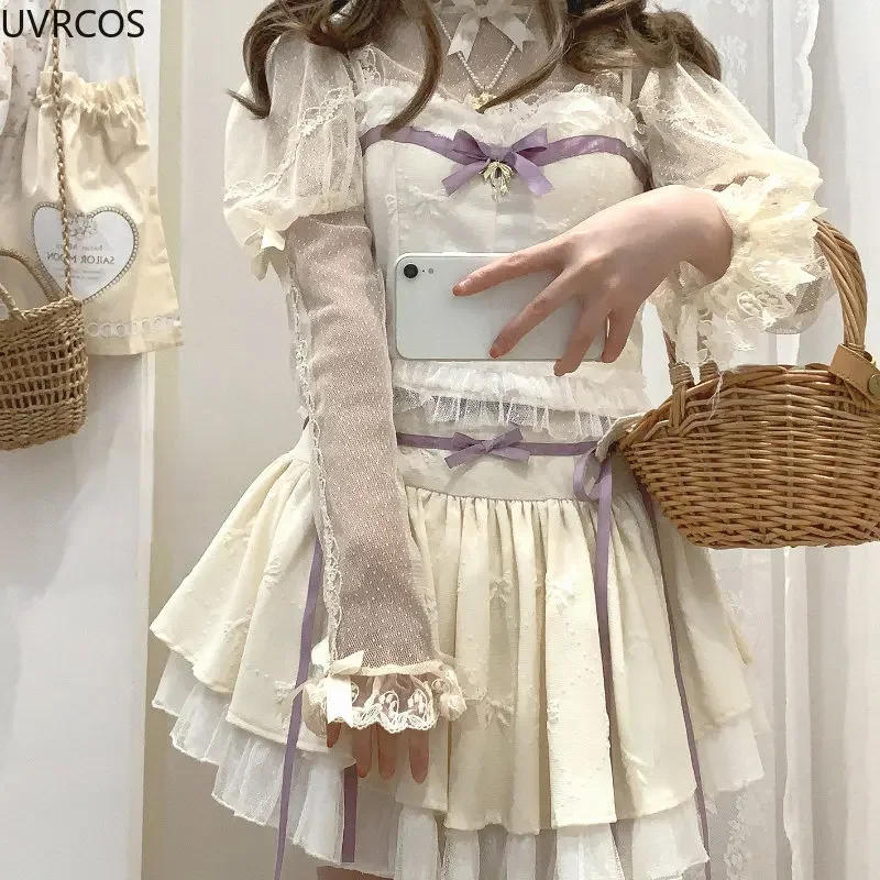 Pink Japanese Style Two -piece Set Elegant Women Sweet High Waist Bandage Mini Skirt Matching Suit 2023 Kawaii Lolita Camis Tops