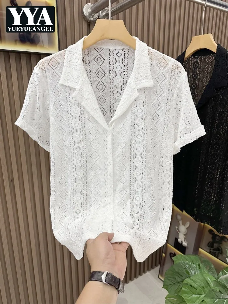 

New Summer Mens Solid Color Shirt Single Breasted Fashion Hollow Out Tops Loose Fit Short Sleeve Lapel Casual Hawaii Shirt Male