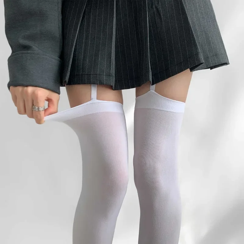 Women Sexy Suspenders Velvet Stockings JK Girls Thigh High Long Socks Costumes Thin Expose Skin Soft White Over The Knee Socks