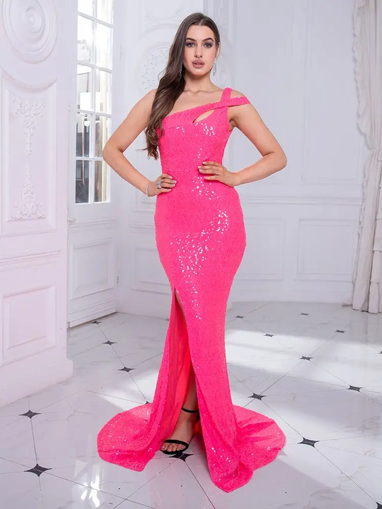 Hot Pink Mouwloze Uitsnede Stretch Roze Sequin Prom Dress Volledige Voering Split Backless Floor Lengte Evening Night Party Dress