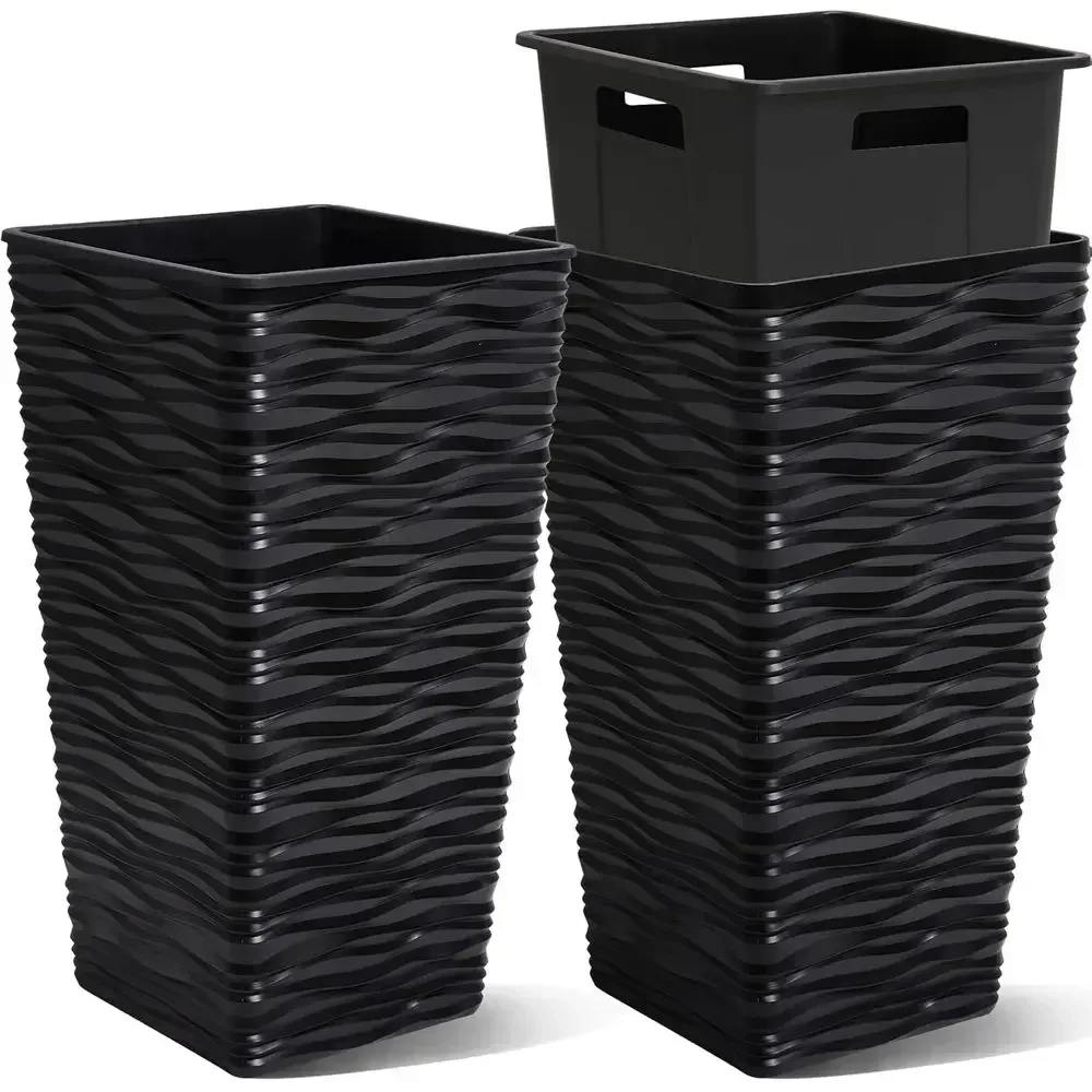 22 Tall Square Plastic Tapered Planters with Inner Pots, Suitable for Indoor or Outdoor, Black