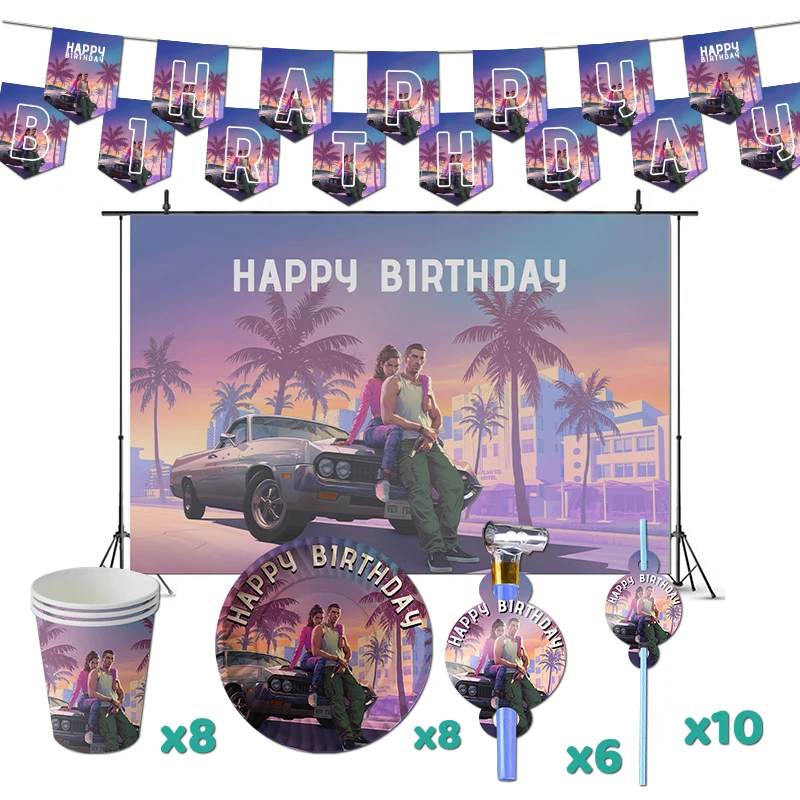 Grand Theft Auto 6 Birthday Party Decorations Game Theme Supplys Banner Cups Plates GTA