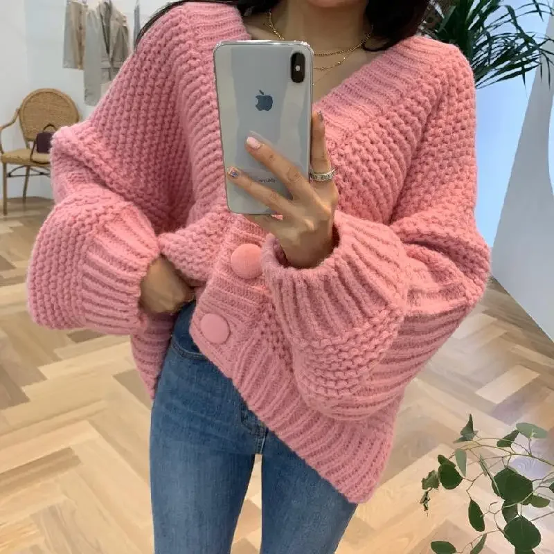 

2022 Autumn and Winter Lantern Sleeves Wearing Sweater Coat for Women Versatile Loose and Lazy Knitted Cardigan for Women