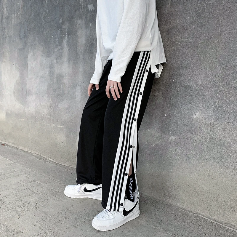 

Summer Thin Side Button Sports Pants Men's Hong Kong Sle Loose Wide Leg Casual Long Trousers Trendy Korean Versatile Pants