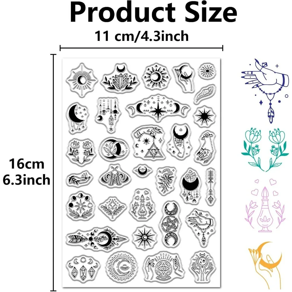 1pc Sun Moon Clear Stamps Divination Magic Hand Moth PVC Reusable Vintage Background Postmark Transparent Rubber Stamp Seals