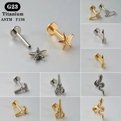 1PC ASTM F136 Titanium Labret Scissor Snake Flat Back Earring Ear Studs Lobe Helix Tragus Cartilage Piercing Jewelry 1.2x8mm