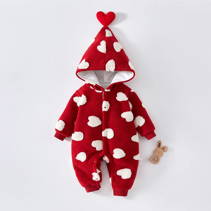 Love Baby Rompers Winter Warm Jumpsuits Thickened Red Girls Bodysuits Hooded Coral Fleece Newborn Onesie Clothes Toddler Outfits