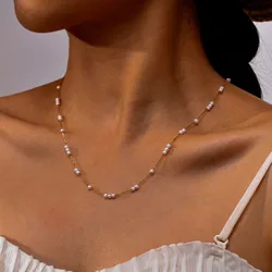 1MM Imitation Pearl Necklace Oval White Stainless Steel Female Necklace Women's Golden Collarbone Chain Summer Jewelry Gift