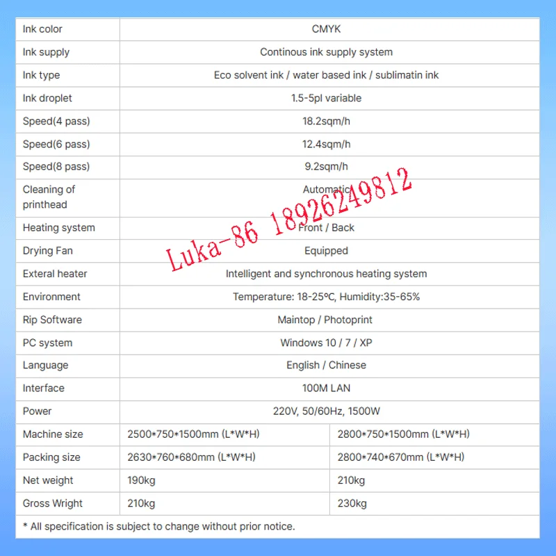 1.6m Eco Solvent Printer Single I3200/i1600/DX7/DX5 1.8m Inkjet Cheap Printer