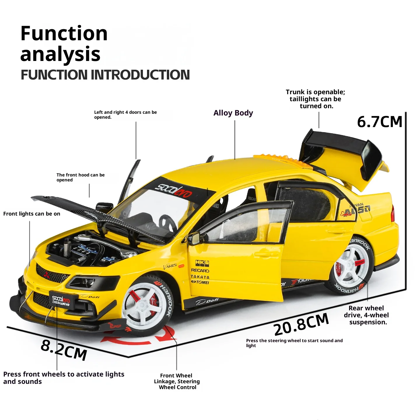 Model samochodu Mitsubishi EVO9 ze stopu metalu w skali 1/24, symulacja dźwięku i światła, amortyzacja kół, zabawka dla chłopca, prezent urodzinowy dla dzieci.