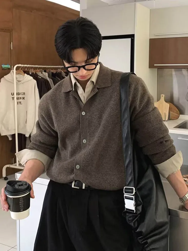 

Elegant Knitted Cardigan Long Sleeve Sweatshirt Casual Workwear Jacket Boyfriend Style Open Front Lapel Single Button Soft Kn...