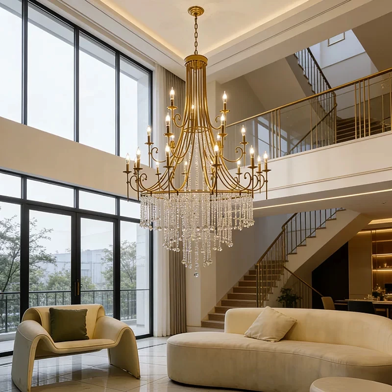 French Retro Led Crystal Chandelier Golden Candle Staircase Villa Empty Space Home Decoration Living Room Lighting Fixtures