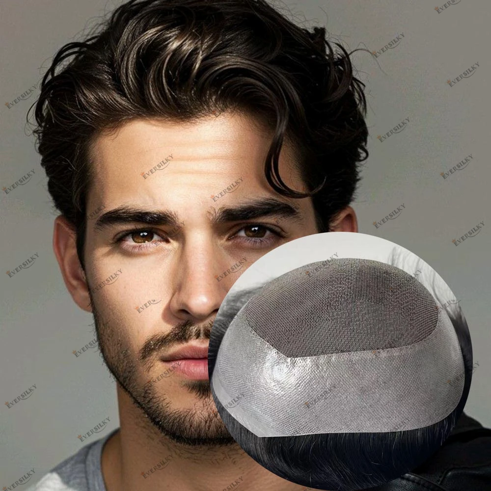 شعر بشري بكر طبيعي أسود نفاث أسود دانتيل PU محيط سهل الارتداء استبدال الشعر المستعار للرجال نظام حل فقدان الشعر #1