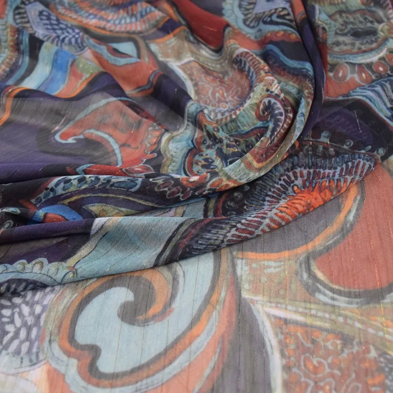 Thread Chiffon Sheer Abstract Large Floral Print Vintage Ethnic Style Fabric Shirt Dress Pants DIY Craft Material Spring Summer