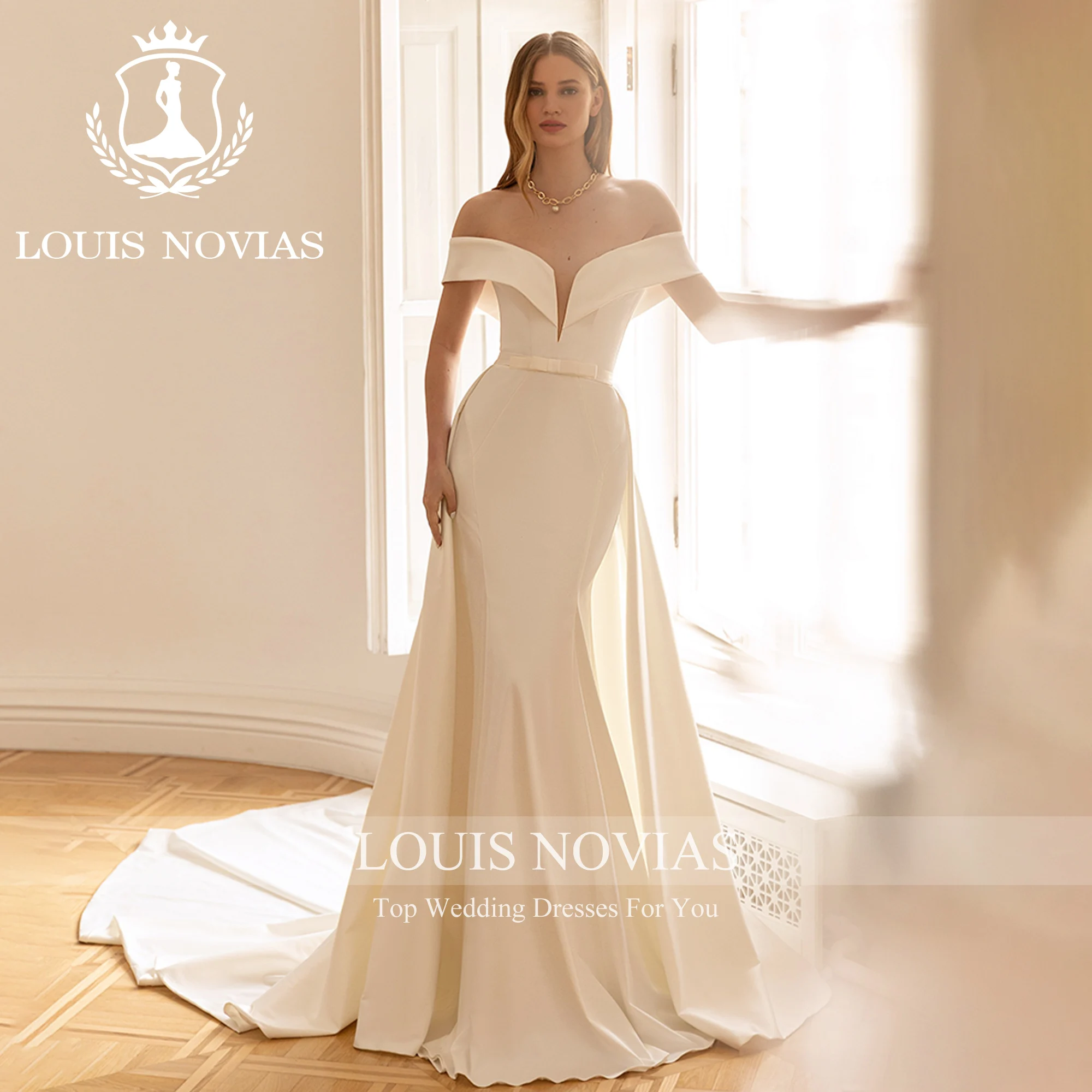 LOUIS NOVIAS 2 IN 1 Mermaid Wedding Dress High Quality Sexy Off Shoulder Detachable Train Sheath Satin Dress Vestidos De Novia