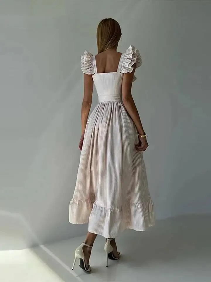 우아한 블루 스트라이프 프릴 버튼 롱 드레스 여성 스퀘어 넥 민소매 여성 드레스 여름 해변 파티 레이디 가운 ZBR8