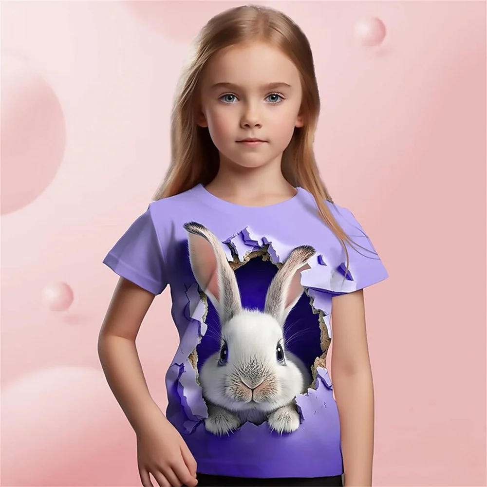 2025 camiseta con estampado 3d de conejo Animal para niñas, camisetas bonitas para niñas, camiseta de regalo para niños, camiseta informal de manga corta, ropa para niños