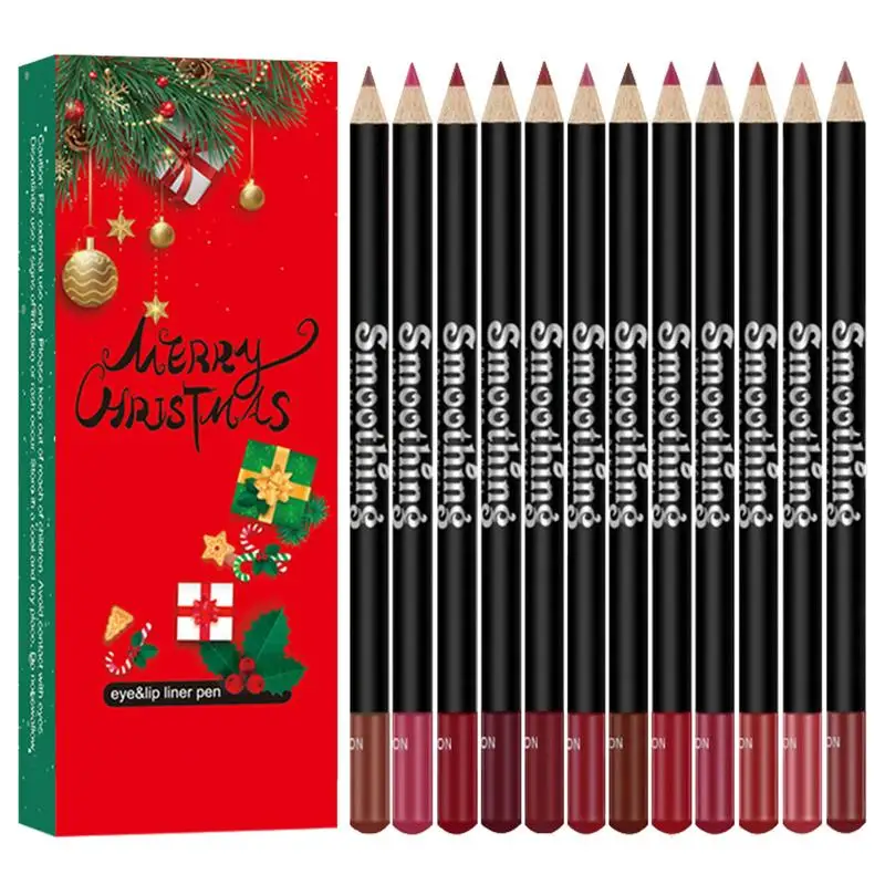 คริสต์มาส Lip Liner Set Matte Lip Liner Lipliners ดินสอ 12 สีแต่งหน้าดินสอยาวนาน Lip Pencil Liner กันน้ํา