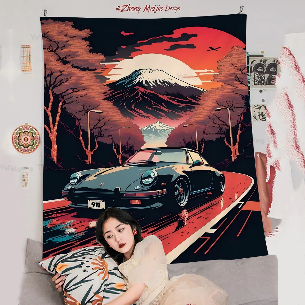 80s Retro Car Japanese Landscape Cartoon Tapestry Wall Hanging Decoration Household Home Decor