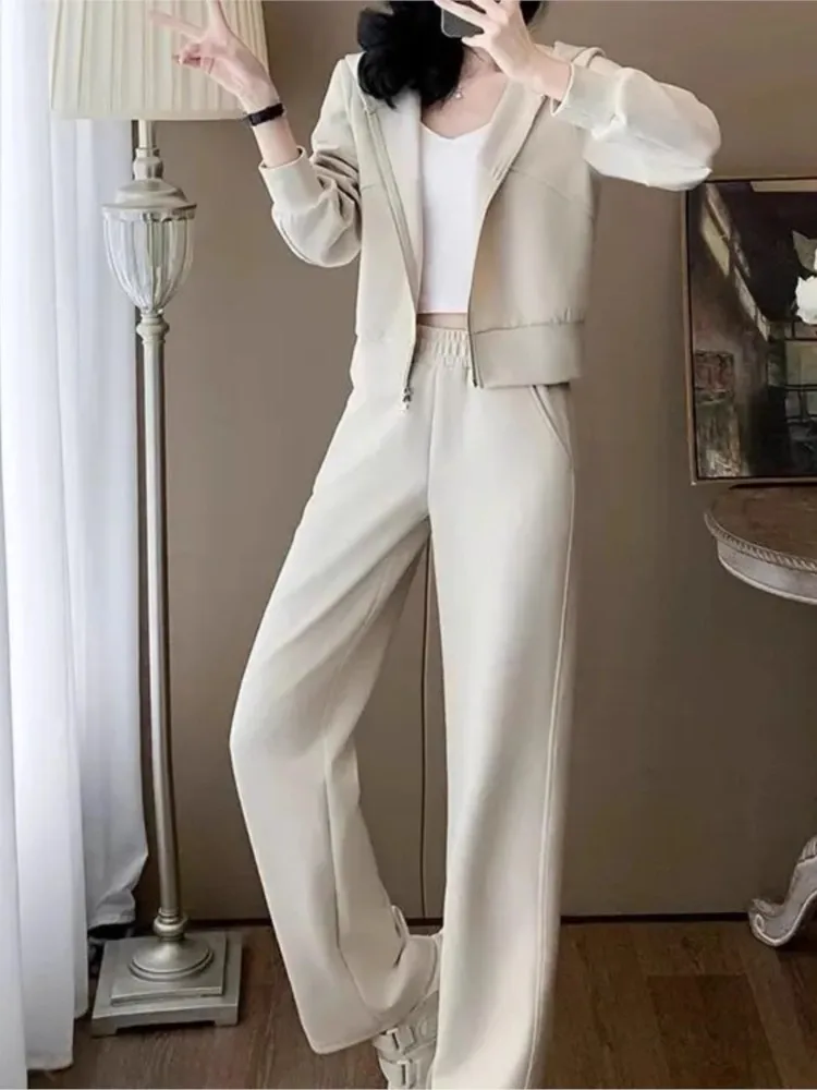 

Long Pant Two-piece Set For Woman Fashion Hooded Hood Zipper Cardigan Coat Wide-leg Pants Suit Autumn Winter Ladies Solid Outfit