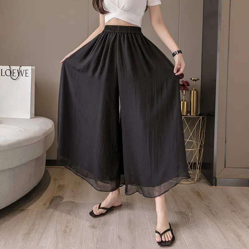 Casual Pants Women Elegant Elastic Waist Loose Chiffon Lightweight Summer Wide Leg Trouser Streetwear High Quality Female New