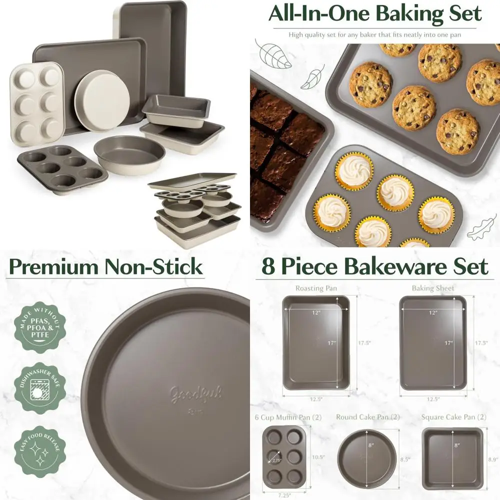 

all-in-one nonstick bakeware set, stackable and space saving design includes round and square pans, muffin pans, cookie sheet a