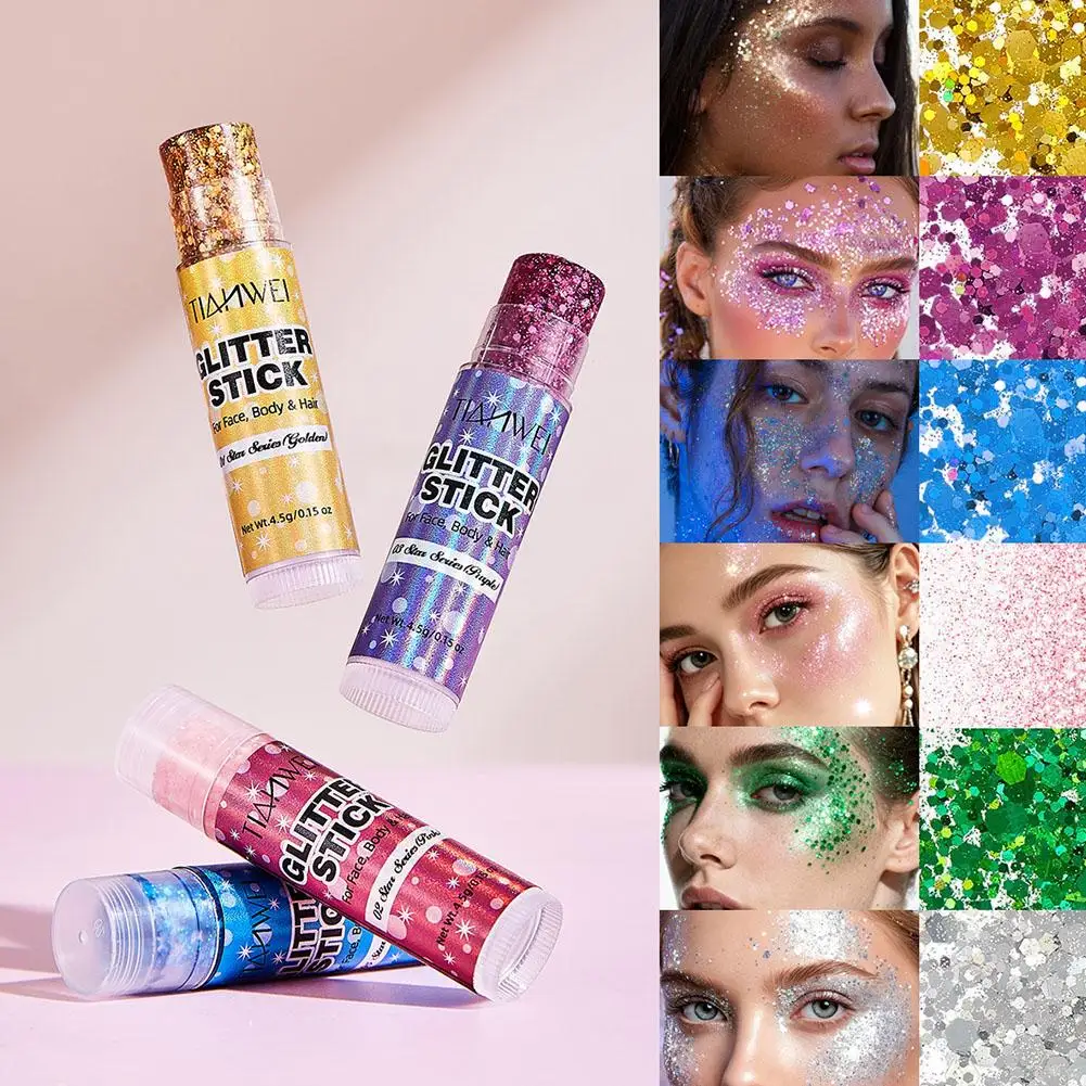 Shimmer Glitter Stick Set Sequin Sparkling Gel Stage Makeup Face Lip Hair Body Long‑Lasting Party Festival Cosmetic Cream Gel