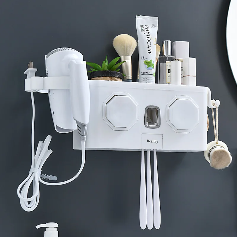 Bathroom Toothbrush Shelf Non-perforated Hair Dryer Rack Four Couples Bathroom Paste Wall-mounted Toothbrush Rack Storage Rack