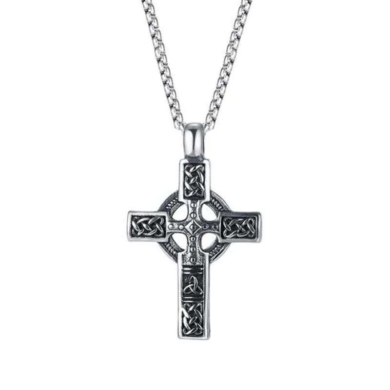 Vintage Nordic Celtic Knot Pattern Cross Necklace Pendant for Men Stainless Steel Chain Jewelry Amulet Necklace Wholesale