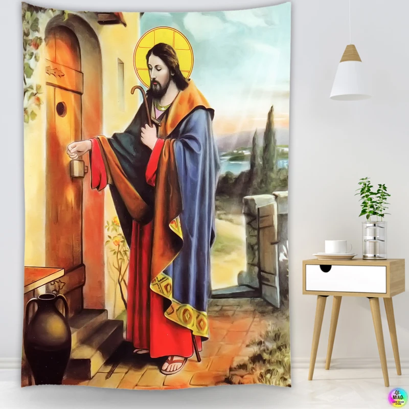 Jesus Christ Knocking The Door Tapestry Christmas Wall Decor Christian Believers Wise Men Wall Hanging Easter Home Decoration