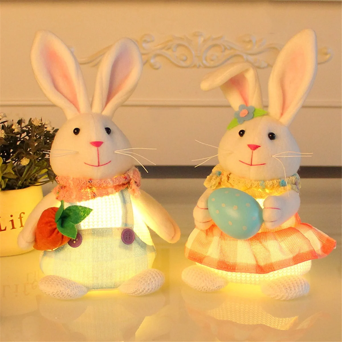 IINBD-2PC Easter Glowing Rabbit Ornament Doll Elf Gnome with LED Light