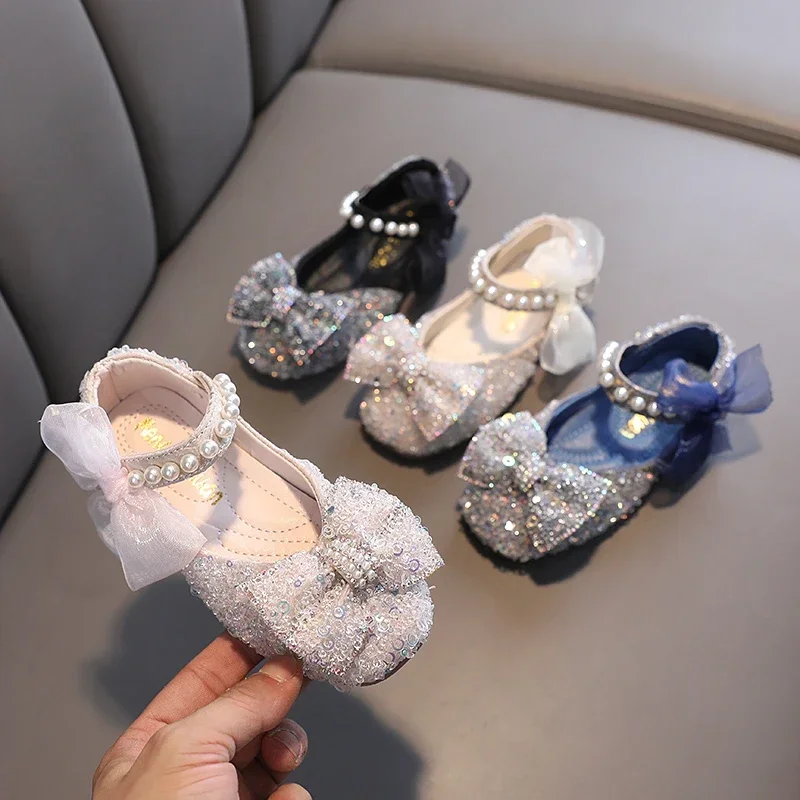 Toddler Girl's Princess Shoes Sequins Lace Bowknot 21-36 Children Mary Janes Three Colors Luxury Trendy Party Kids Shoes Flats