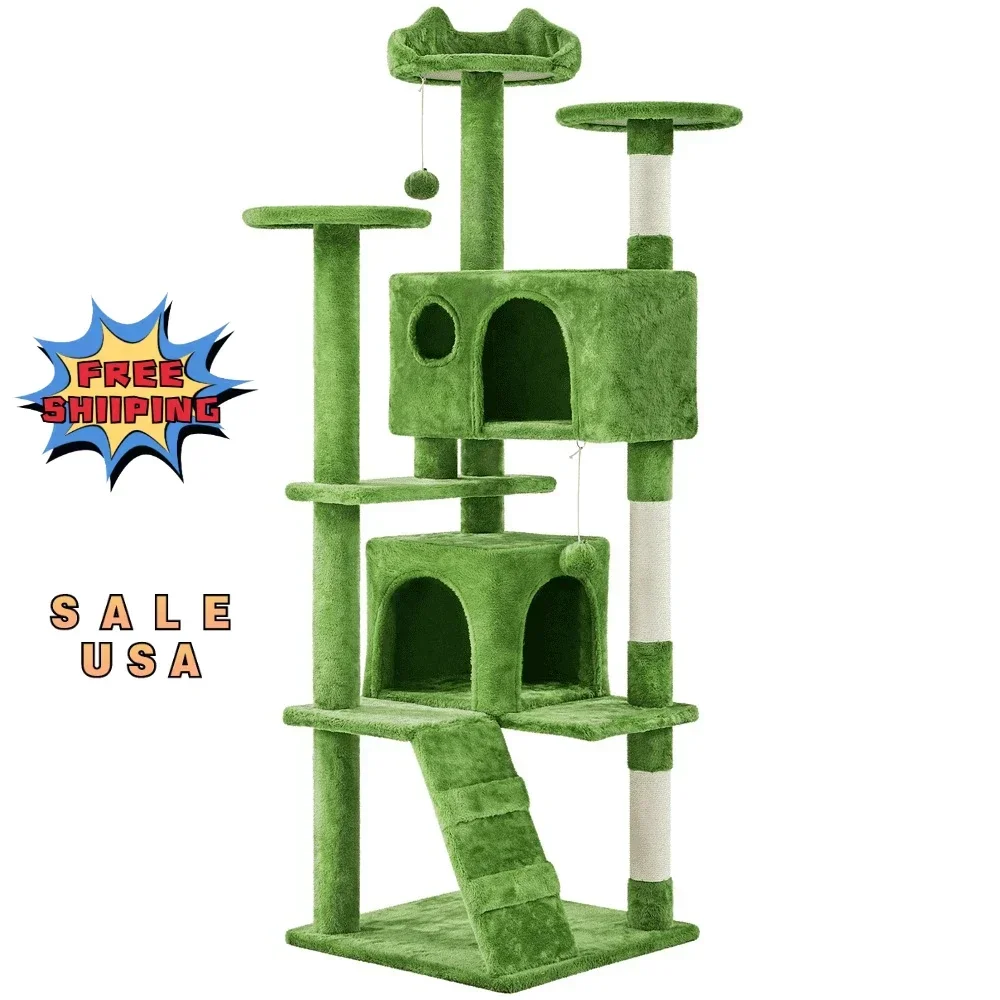 62.5'' Height Multilevel Cat Tree with 2 Condos for Kittens/Small Cats, Green Cat Supplies for Small and Medium-sized Cats Only