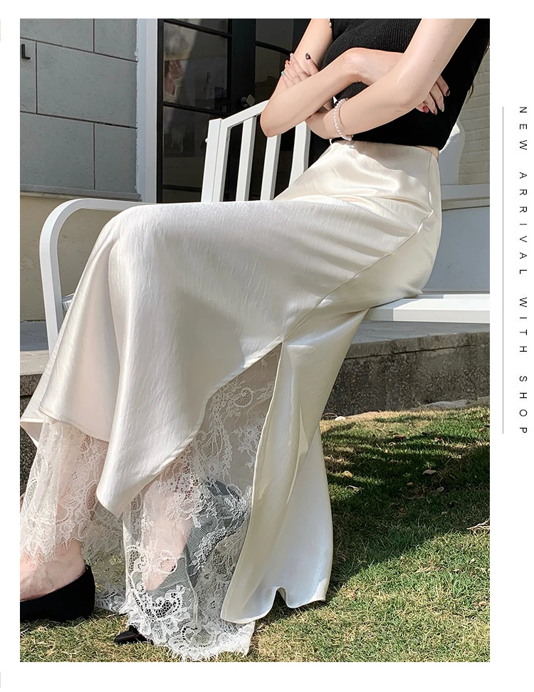 2026 Sommer Herbst Neuer Schlanker Hochwertiger Modischer Halbrock Eleganter Spitzenbesatz Satin Seitenschlitz Damen Midi-Rock – Detail 7
