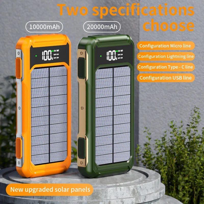 10000/20000mAh Three defenses Portable large capacity solar power bank with 3 charging cable SOS laser light high powerbank USB