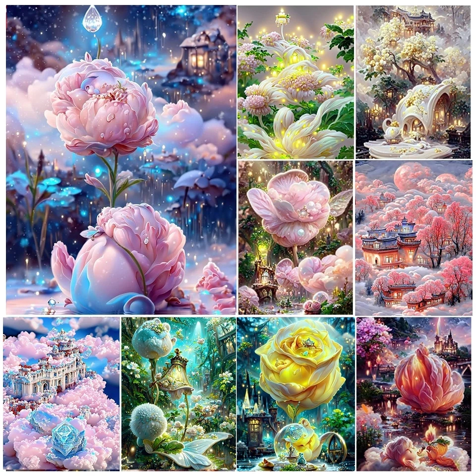 Diy Diamond Mosaic Dream Rose Manor Castle Full Drill Diamond Painting Flower Forest House Diamond Embroidery Cross Stitch S428