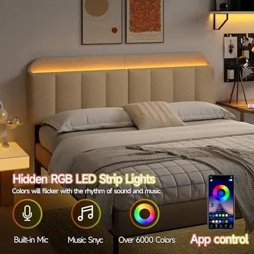 Adjustable Headboard for King/California King Size Bed Frame, Linen Fabric Bed Headboard with Storage & RGB LED Light - view 3