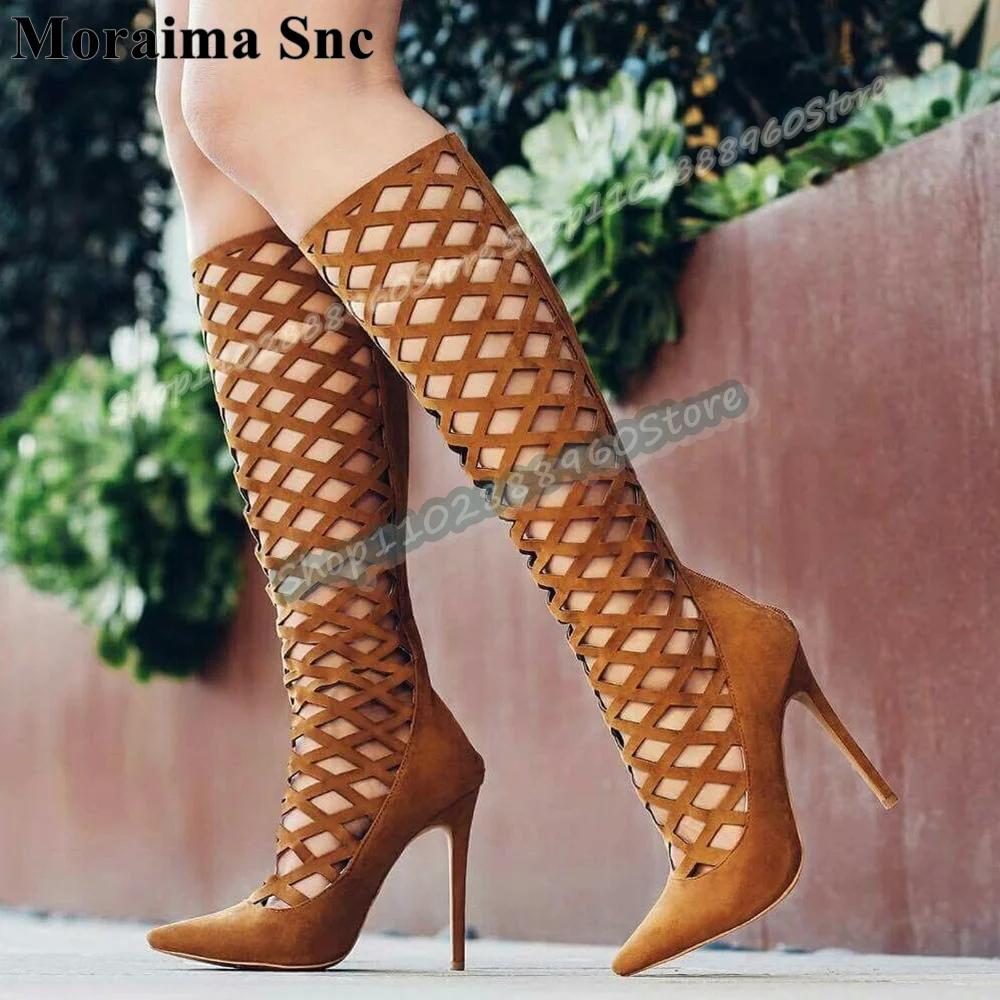 

Casual Knee High Brown Flock Net Pointy Boots Stilettos High Heel Shoes For Women Back Zipper Pointed Toe Stylish Party Shoes