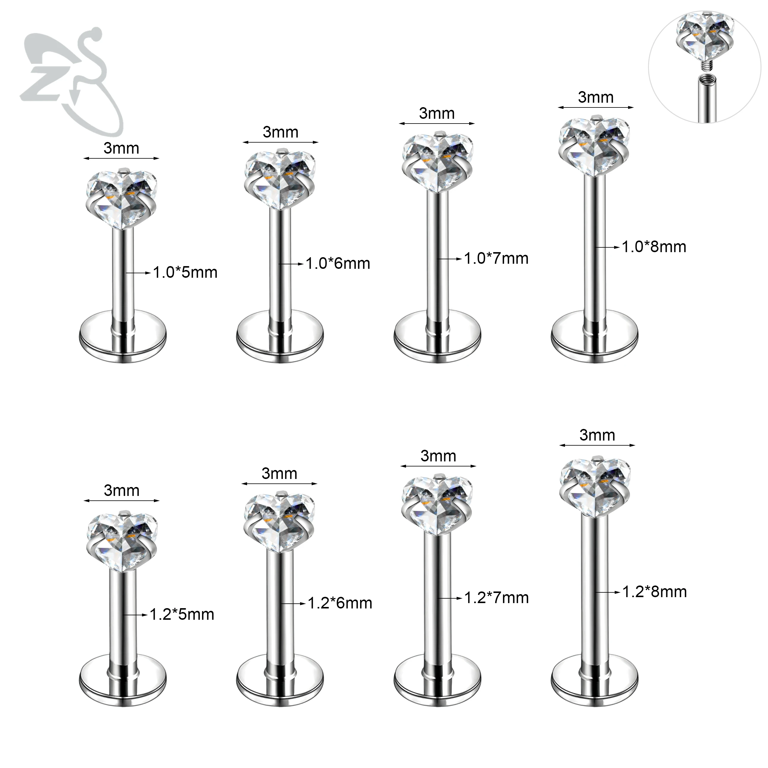 ZS 6pcs/lot 16G/18G Stainless Steel Labret Lip Piercing 5/6/7/8MM Internal Thread Ear Stud 3MM Zircon Cartilage Helix Piercings