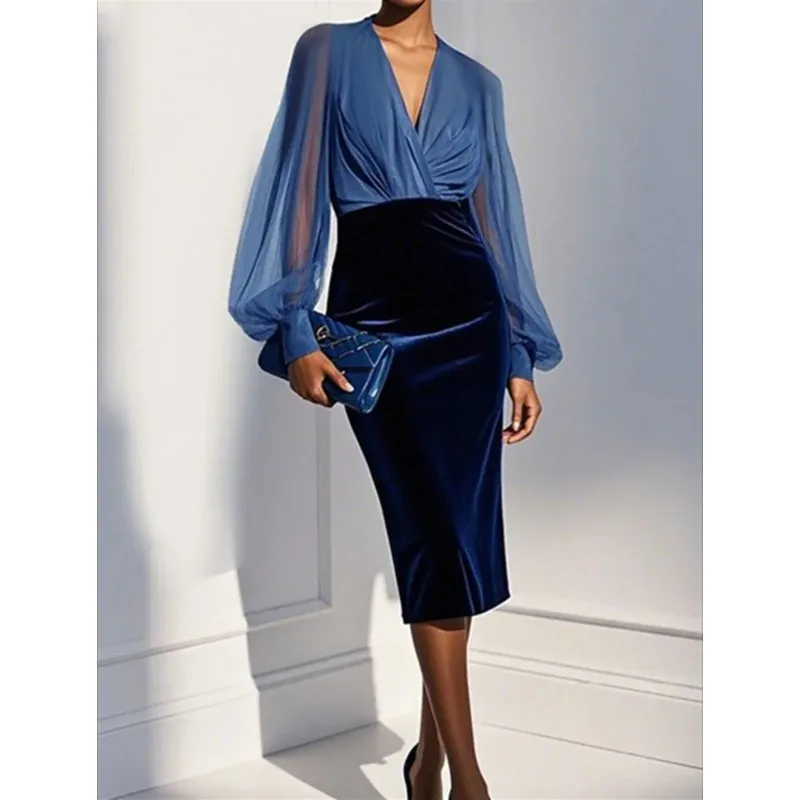 Customized Short Velvet V-Neck Evening Dresses with Slit Mermaid Tulle Tea Length فساتين الحفلة Prom Dress for Women
