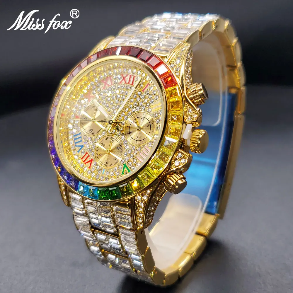 Gold Men\'s Watch Full Baguette Stainless Steel Luxury Rainbow Diamond Bezel Quartz Watches For Man Three Dial Clock Dropshipping