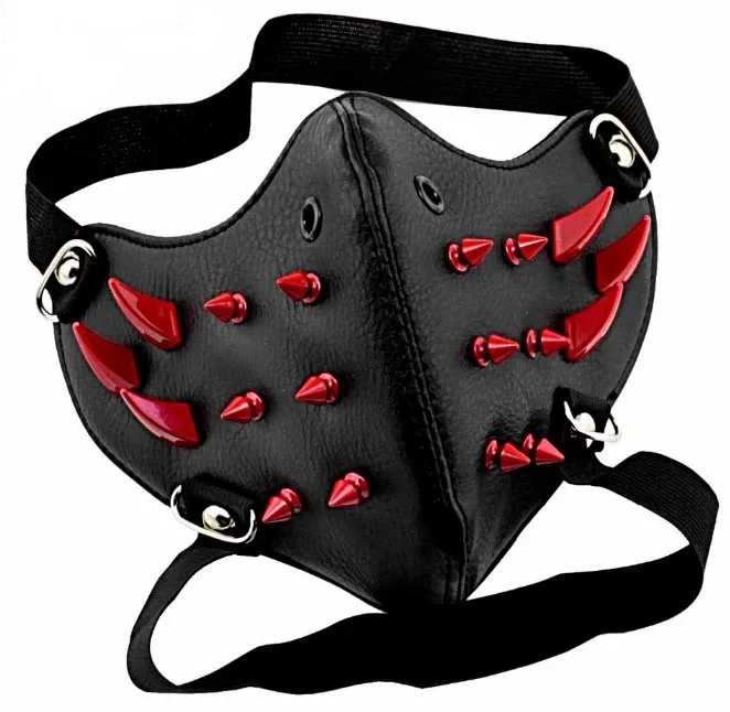 

Мужская и женская черная маска из искусственной кожи с красными заклепками в стиле панк-рок, женская дышащая маска для вечеринки, косплей, маска для рта на Хэллоуин, R1940