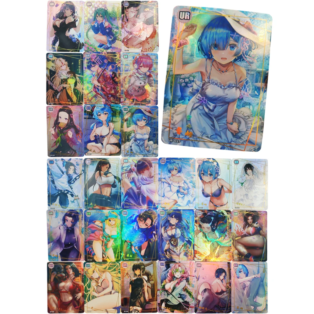 

27Pcs/set Anime Girls Refraction Flash Cards ACG Sexy Demon Slayer Genshin Rem Tifa Hatsune Miku Game Anime Collection Card Toys