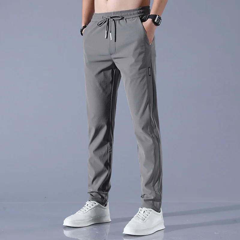 Pantalones de seda de hielo para hombre, pantalón de chándal de pierna recta, elástico, transpirable, Delgado, informal, negocios, exteriores, verano, nueva moda