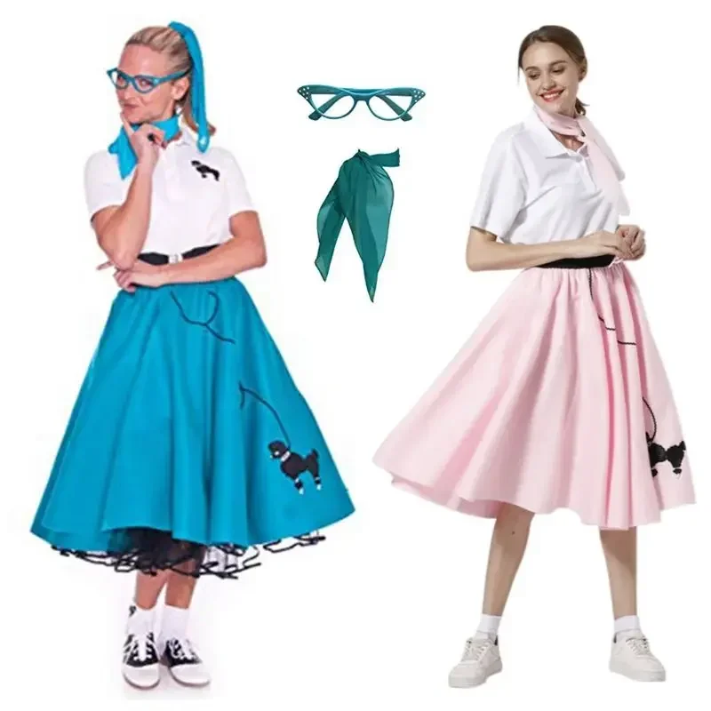 Adult 4 Piece Poodle Skirt for Adult Women Retro 60s 80s Women Grease Costume Halloween Disguise Party Clothes for Ladies